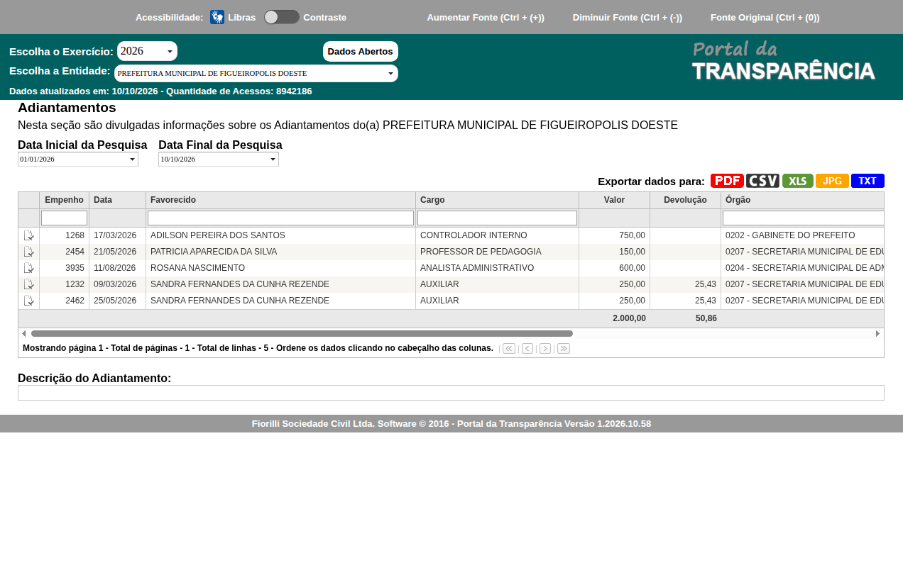 Screenshot de Adiantamentos