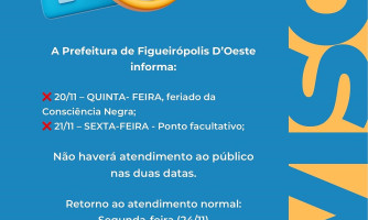 Comunicado: Atendimento suspenso nos dias 20 e 21 de novembro