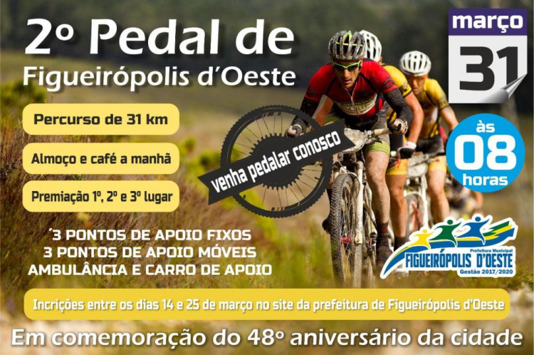 Venha participar do 2º pedal em comemoração ao 48º aniversário de Figueirópolis d’Oeste.