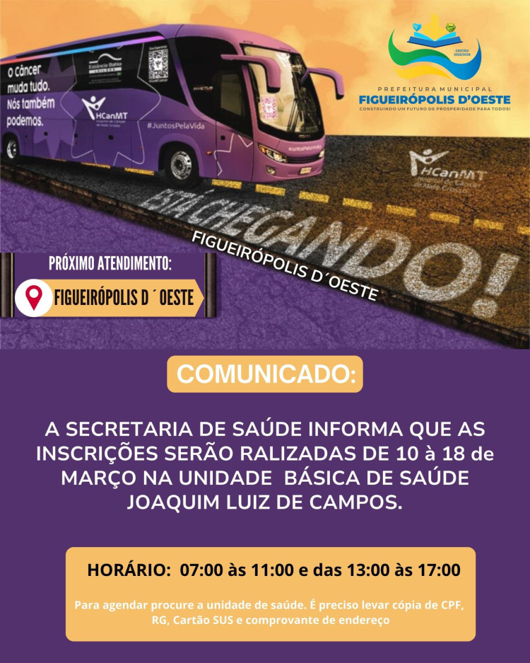 PARCERIA: Ônibus do HCanMT realizará atendimento em Figueirópolis D´Oeste no dia 24 de março