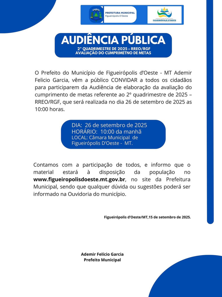 Audiência Pública em Figueirópolis d’Oeste — Avaliação do Cumprimento de Metas do 2º Quadrimestre de 2025 (RREO/RGF)