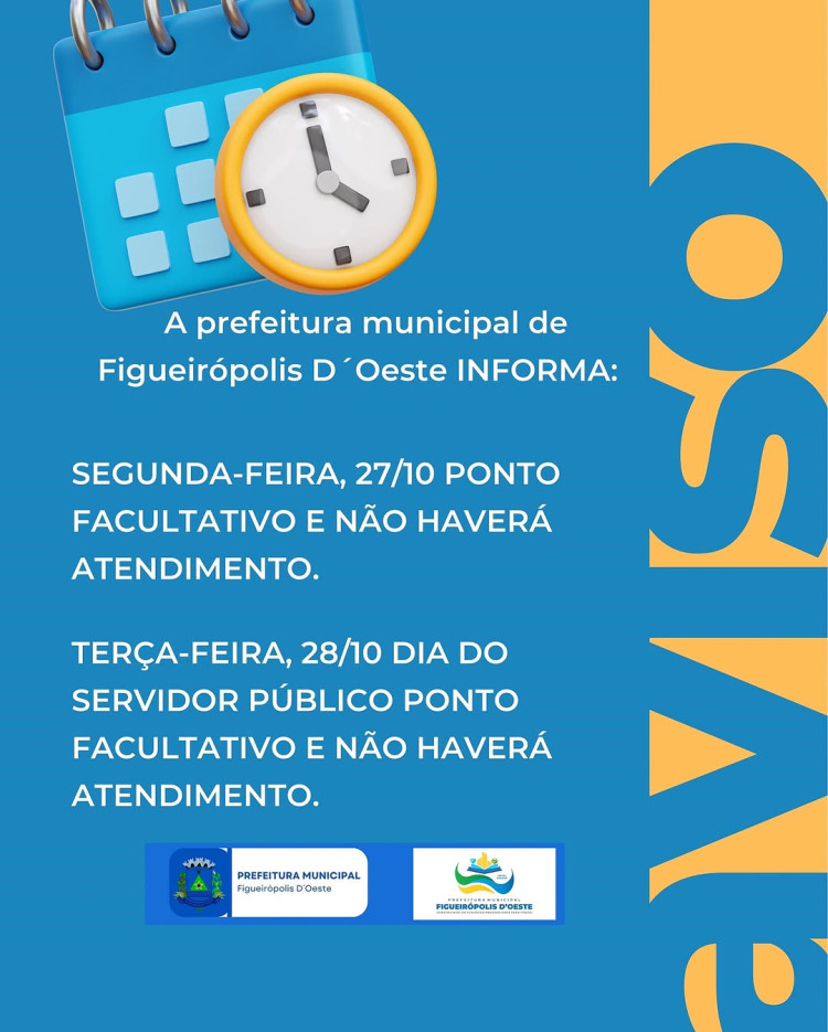 Aviso: Ponto Facultativo nos dias 27 e 28 de outubro (sem atendimento)