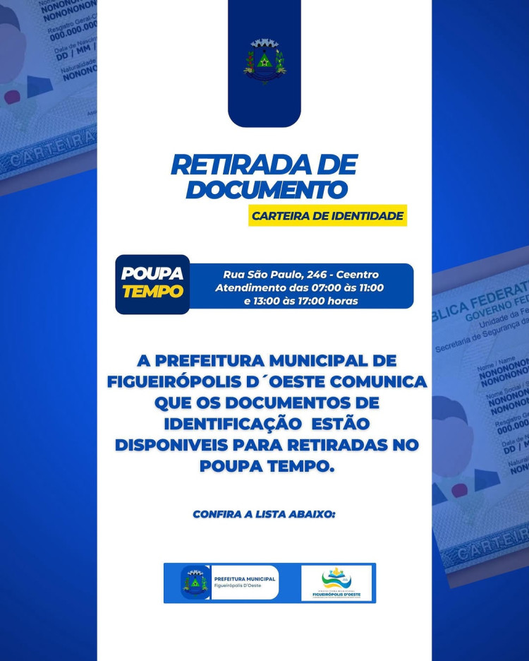 Carteiras de Identificação Disponíveis para Retirada no Poupatempo