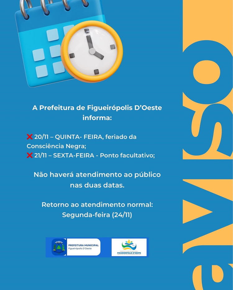 Comunicado: Atendimento suspenso nos dias 20 e 21 de novembro