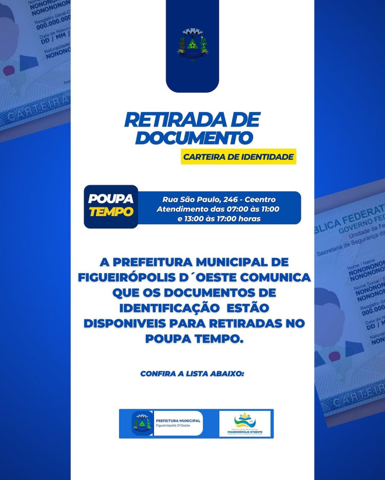 Documentos de Identificação Disponíveis para Retirada no Poupa Tempo