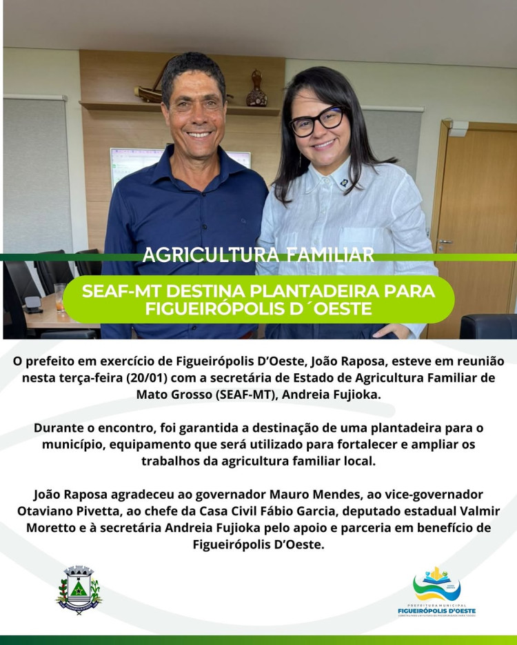 Figueirópolis D’Oeste recebe plantadeira para fortalecer a agricultura familiar