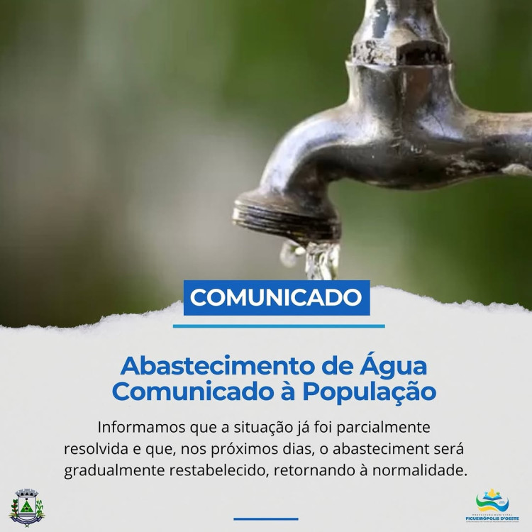 Figueirópolis D’Oeste: Suspensão temporária do abastecimento de água — Retorno gradual nos próximos dias
