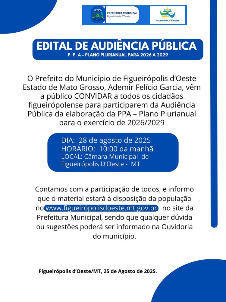 Participe da Audiência Pública para Elaboração do PPA 2026-2029 em Figueirópolis d’Oeste