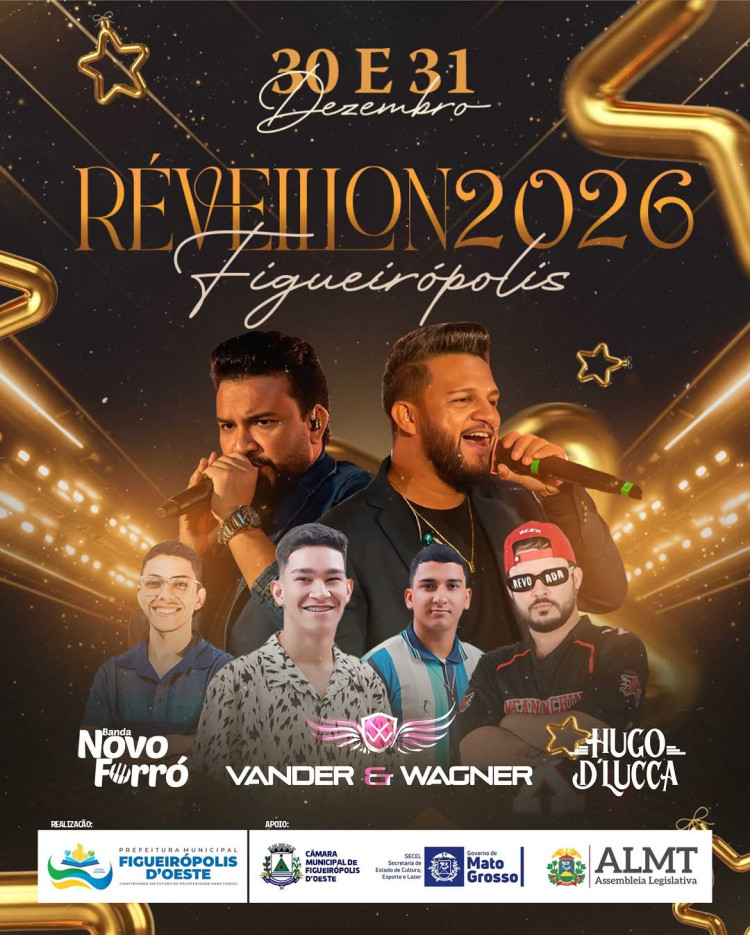 Réveillon 2026 em Figueirópolis do Oeste — Novo Forró, Vander & Wagner e Hugo D’Lucca